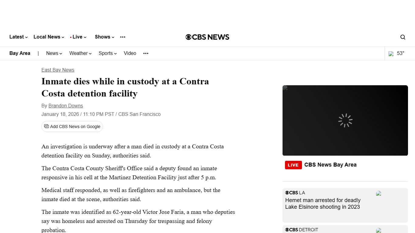 Inmate dies while in custody at a Contra Costa detention facility - CBS San Francisco