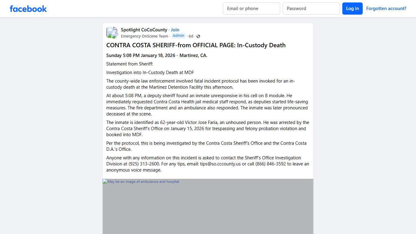 Spotlight CoCoCounty # **CONTRA COSTA SHERIFF-from OFFICIAL PAGE: In-Custody Death ** Facebook